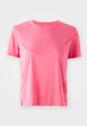 Short-sleeve, crew-neck t-shirt in bright pink. Soft fabric with side slits and subtle sheen, featuring a relaxed fit and no visible patterns.