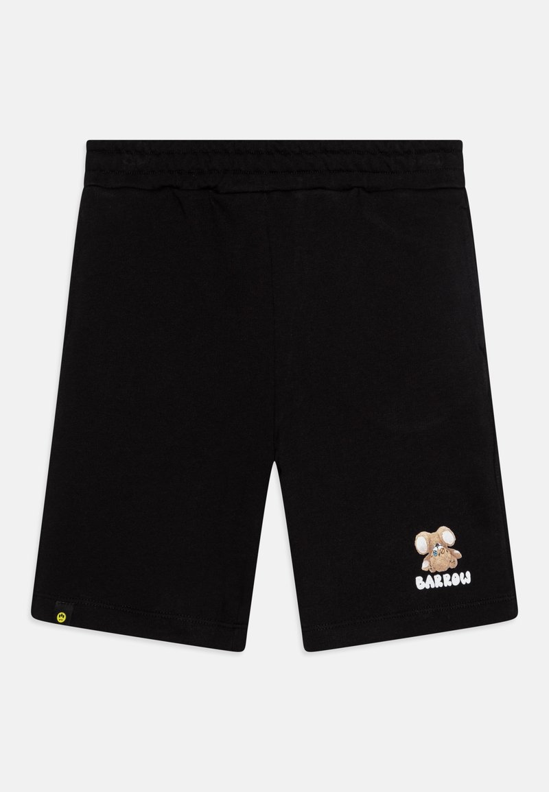 Black shorts made of soft fabric, featuring an embroidered mouse design on the right leg, and a yellow accent at the hem.