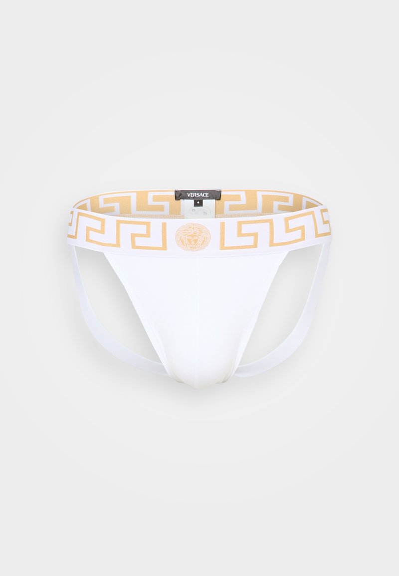 Weiße Herrenbikinis mit einem elastischen Bund in Gold und Schwarz mit griechischem Schlüssel-Muster und einem zentralen Medusa-Logo. Baumwollmischgewebe.