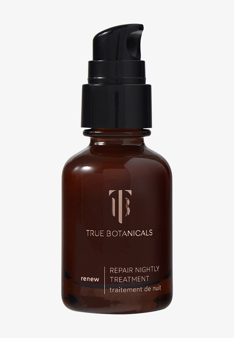Bouteille en verre brun avec un bouchon de pompe noir. L'étiquette comprend "True Botanicals," "renew," et "Repair Nightly Treatment" en texte blanc.