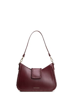 Donker bordeauxrode leren schoudertas met gevlochten randen, klepsluiting, afneembare riem en klein "Wittchen"-logo.