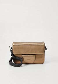 Bronze leather crossbody bag with a structured design, featuring a flap closure and a small front pocket. Adjustable black strap included.