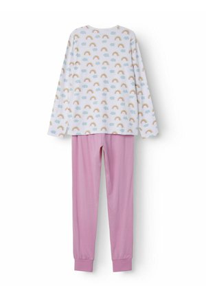 T-shirt de pyjama à manches longues en tissu blanc avec des motifs de arcs-en-ciel et de nuages ; assorti à un pantalon de pyjama rose uni avec des poignets ajustés.