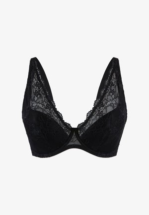 Schwarzer Spitzen-BH mit tiefem Ausschnitt; verfügt über zarte florale Spitzenmuster, Netzpaneele und breite verstellbare Träger für Halt.
