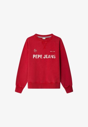 Sudadera roja de algodón, con cuello redondo, mangas largas y texto impreso en blanco "PEPE JEANS" con un logo en el pecho.