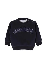 Felpa blu navy con la scritta "JECKERSON" in rilievo, colletto rotondo, due bottoni a pressione sulla spalla, polsini e orlo a costine. Materiale morbido.