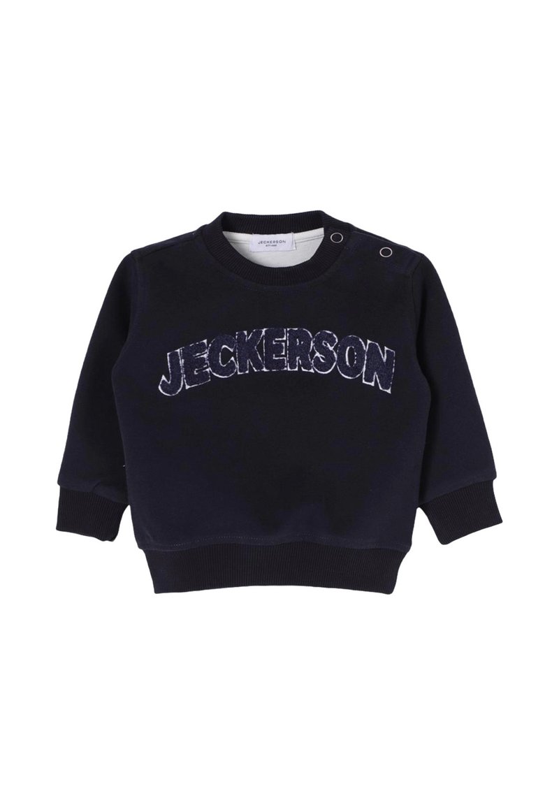 Felpa blu navy con la scritta "JECKERSON" in rilievo, colletto rotondo, due bottoni a pressione sulla spalla, polsini e orlo a costine. Materiale morbido.