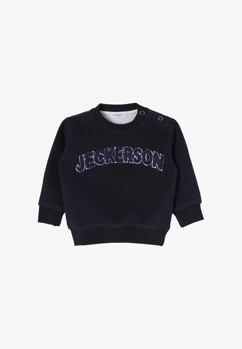 Felpa blu navy con la scritta "JECKERSON" in rilievo, colletto rotondo, due bottoni a pressione sulla spalla, polsini e orlo a costine. Materiale morbido.