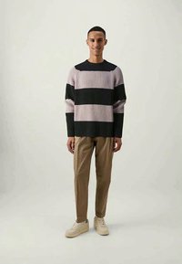 Pulover cu dungi în violet și negru, textură raiată, croială lejeră. Asortat cu pantaloni bej și adidași deschiși, pozând pe un fundal neutru.