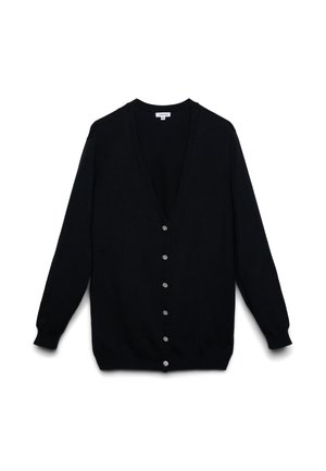 Czarny kardigan z długim rękawem, dekoltem w serek i sześcioma małymi dekoracyjnymi srebrnymi guzikami z przodu, prezentowany na białym tle.