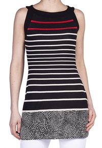 Túnica sin mangas a rayas en negro, blanco y rojo. Presenta rayas horizontales con un patrón de puntos en el dobladillo. Tejido suave, diseño ajustado.