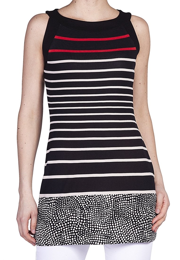 Túnica sin mangas a rayas en negro, blanco y rojo. Presenta rayas horizontales con un patrón de puntos en el dobladillo. Tejido suave, diseño ajustado.