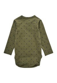 Långärmad body i olivgrön bomull med marinblå blommönster, med rund hals och knäppningar i botten.