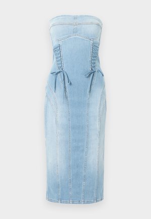 Φόρεμα μίντι από ανοιχτό μπλε τζιν χωρίς τιράντες, με ραφές σε στυλ κορσέ και πλαινά κορδόνια που δένονται σε φιόγκους στη μέση.