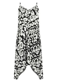 Svart och vit leopardmönstrad klänning med tunna axelband, flödande design, asymmetrisk fåll och pärldekorationer vid nederkanten.