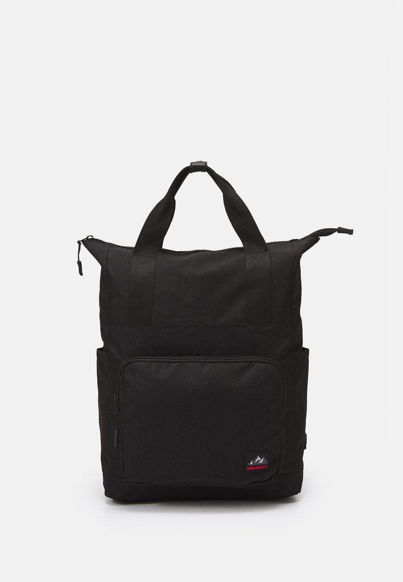 Sac fourre-tout rectangulaire noir avec double poignée, poche zippée à l'avant et poches latérales, fabriqué en tissu résistant.