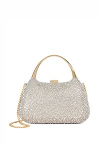 Silver handbag adorned with small rhinestones, featuring a gold handle and a chain strap for crossbody wear. Smooth texture, rounded shape.