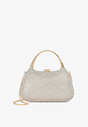 Silver handbag adorned with small rhinestones, featuring a gold handle and a chain strap for crossbody wear. Smooth texture, rounded shape.