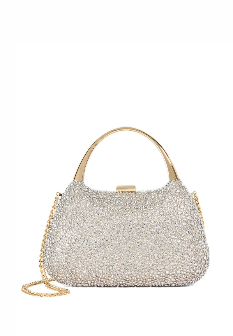 Silver handbag adorned with small rhinestones, featuring a gold handle and a chain strap for crossbody wear. Smooth texture, rounded shape.