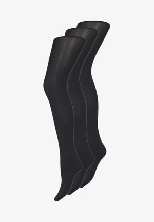 Tre par sorte strømpebukser med en glat, uigennemsigtig tekstur, der har en fleksibel pasform og rund tådesign.