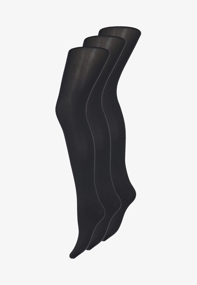 Tre par sorte strømpebukser med en glat, uigennemsigtig tekstur, der har en fleksibel pasform og rund tådesign.