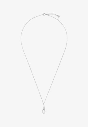 Collana con catena d'argento e ciondolo liscio a forma di goccia, chiusura a moschettone con catena allungabile.