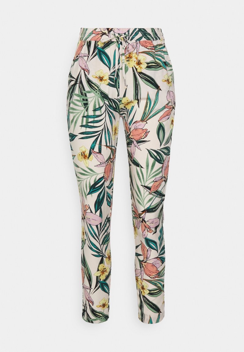 Pantalon blanc fuselé avec feuilles vertes et imprimé floral jaune et rose, taille élastique et lien de serrage à l'avant.