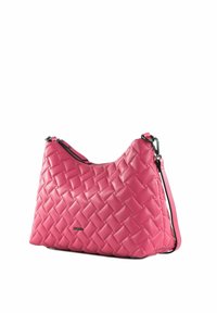 Sac à main en cuir tressé rose avec fermeture éclair et bandoulière réglable, vue en angle sur fond blanc.