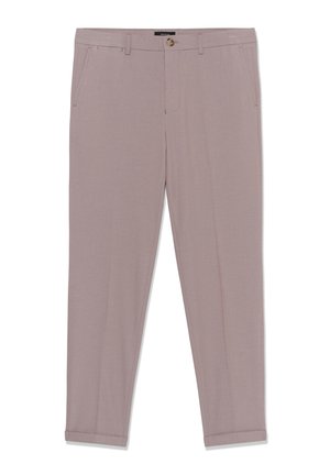Pantaloni su misura color malva chiaro con passanti per cintura, tasche laterali, bottone frontale e design slim con risvolto alla caviglia.
