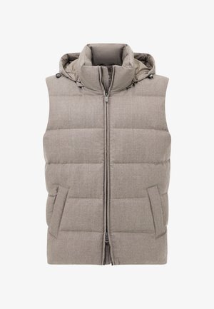 Světle šedá vycpaná bezrukávová vesta s předním zipem, vysokým límcem, bočními kapsami a připojenou kapucí se stahovacími šňůrkami.