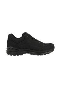 Schwarze Wanderschuhe mit Obermaterial aus Wildleder und Mesh, runder Zehenkappe, grauen Ösen, gepolstertem Schaft und strukturiertem Außensohle für besseren Halt.