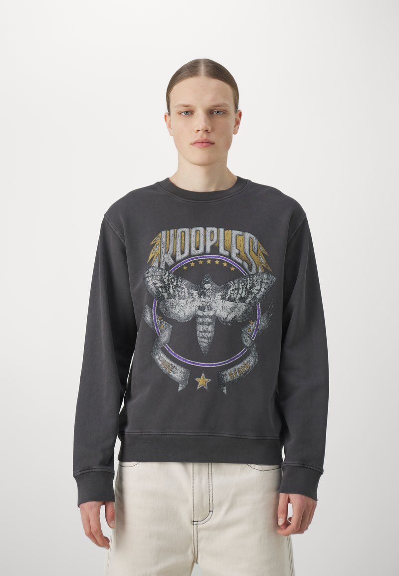 Black cotton sweatshirt featuring a graphic print of a moth and text, ribbed crew neckline, and cuffs with a relaxed fit.