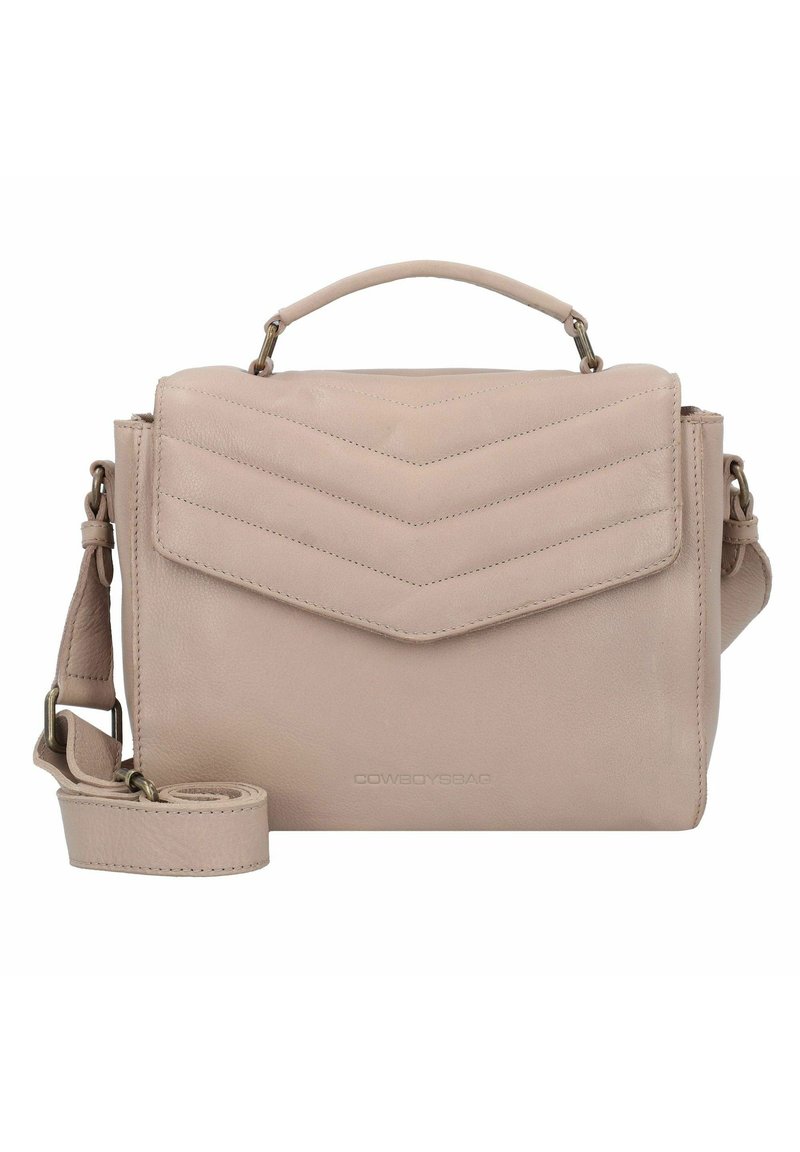 Borsa crossbody in pelle rosa chiaro con pattern a zig zag sul flap, manico superiore e tracolla regolabile, con logo impresso sul fronte.
