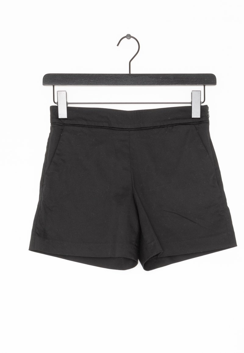 Black shorts with a smooth texture, featuring a mid-rise waist, side pockets, and a clean hem. Hung on a metal hanger.
