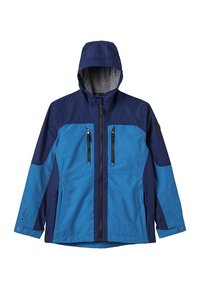 Chaqueta resistente al agua con una combinación de colores en navy y azul brillante, que cuenta con capucha, bolsillos con cremallera y paneles texturizados en contraste.