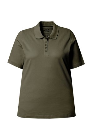 Korte mouw polo in olijfgroen met kraag en een knoopsluiting met vijf knopen, gemaakt van een gestructureerde stof.