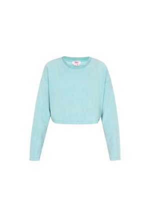 Vaaleansininen lyhythihainen huppari pitkillä hihoilla, pyöreällä kaula-aukolla ja pehmeällä tekstuurilla. Ei näkyviä kuvioita tai korosteita.