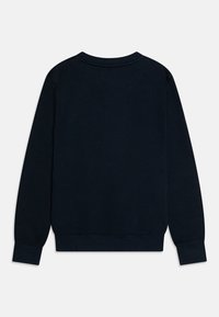 Námořnická modrá mikina, směs bavlny, kulatý výstřih, dlouhé rukávy, rib rovná manžeta a spodní lem, jednotná barva, minimalistický design, žádné viditelné logo ani vzory.