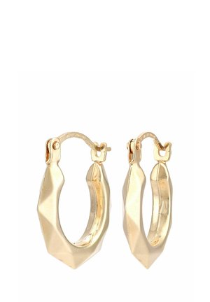Goldene Creolen mit facettiertem Design, versehen mit einer polierten Oberfläche und einem sicheren Verschluss für einfaches Tragen. Glatte Innenseite und strukturierte äußere Kanten.