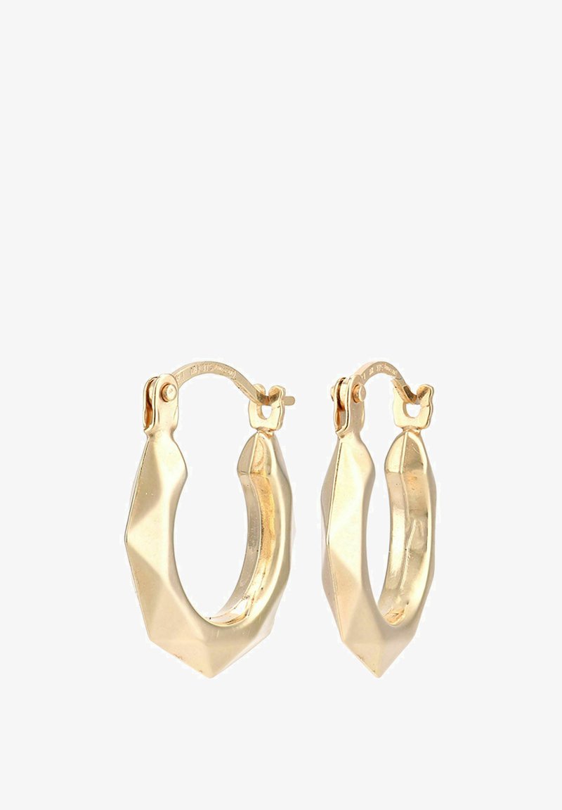 Aukso žiediniai auskarai su facetiniu dizainu, pasižymintys lygia apdaila ir saugiu užsegimu, kad būtų lengva dėvėti. Lygus vidus ir tekstūruoti išoriniai kraštai.