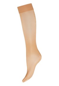 Beige knähöga strumpor med en jämn, genomskinlig textur och ett brett, fast band högst upp. Har en förstärkt tå och sömlös design.