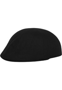 Black cap with a herringbone texture, round shape, and seamless design. Soft material with a smooth finish and no visible hardware or accents.