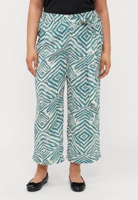 Lightweight, patterned trousers with a geometric design in teal and cream, featuring a tie at the waist and a relaxed, wide-leg fit.