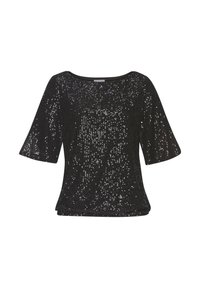 Top nero a maniche corte con scollo rotondo, caratterizzato da un motivo di paillettes che ricopre tutta la superficie per un effetto scintillante e un tessuto morbido e testurizzato.
