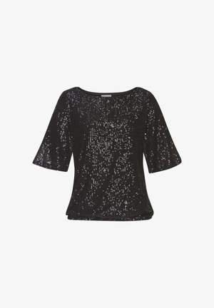 Top negro de manga corta con escote redondo, que presenta un patrón de lentejuelas en toda su superficie para un efecto brillante y una tela suave y texturizada.