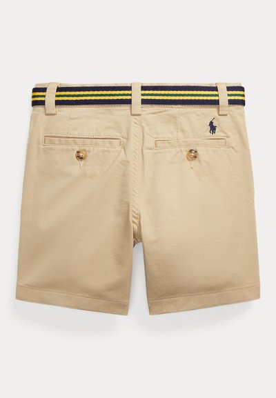 Bermudas cáqui feitas de algodão com uma cintura trançada em azul-marinho e amarelo listrada. Duas bolsos traseiros com fechos de botão e um pequeno detalhe de logotipo.