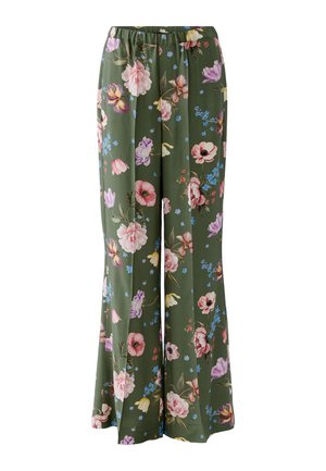 Olive green wide-leg pants with pink, purple, yellow, and blue floral print and elastic waistband.