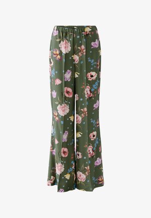 Olive green wide-leg pants with pink, purple, yellow, and blue floral print and elastic waistband.
