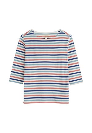 T-shirt rayé présentant des lignes horizontales en bleu, rose et blanc. Fabriqué en tissu doux avec un col rond et des manches trois-quarts.