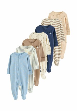 Seven long-sleeve baby footed pajamas in blue, beige, navy, and striped patterns, each with small animal or dot prints.